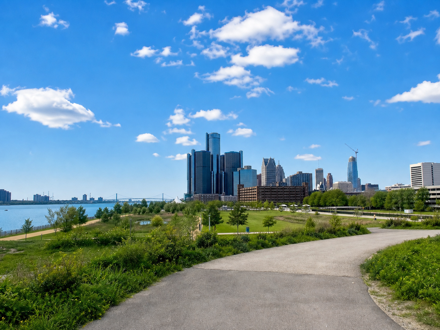 Sunny Detroit skyline viewed from the Riverwalk