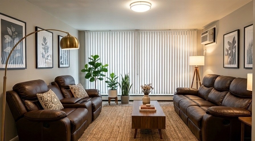 Furnished Imperial Manor living room with warm lighting